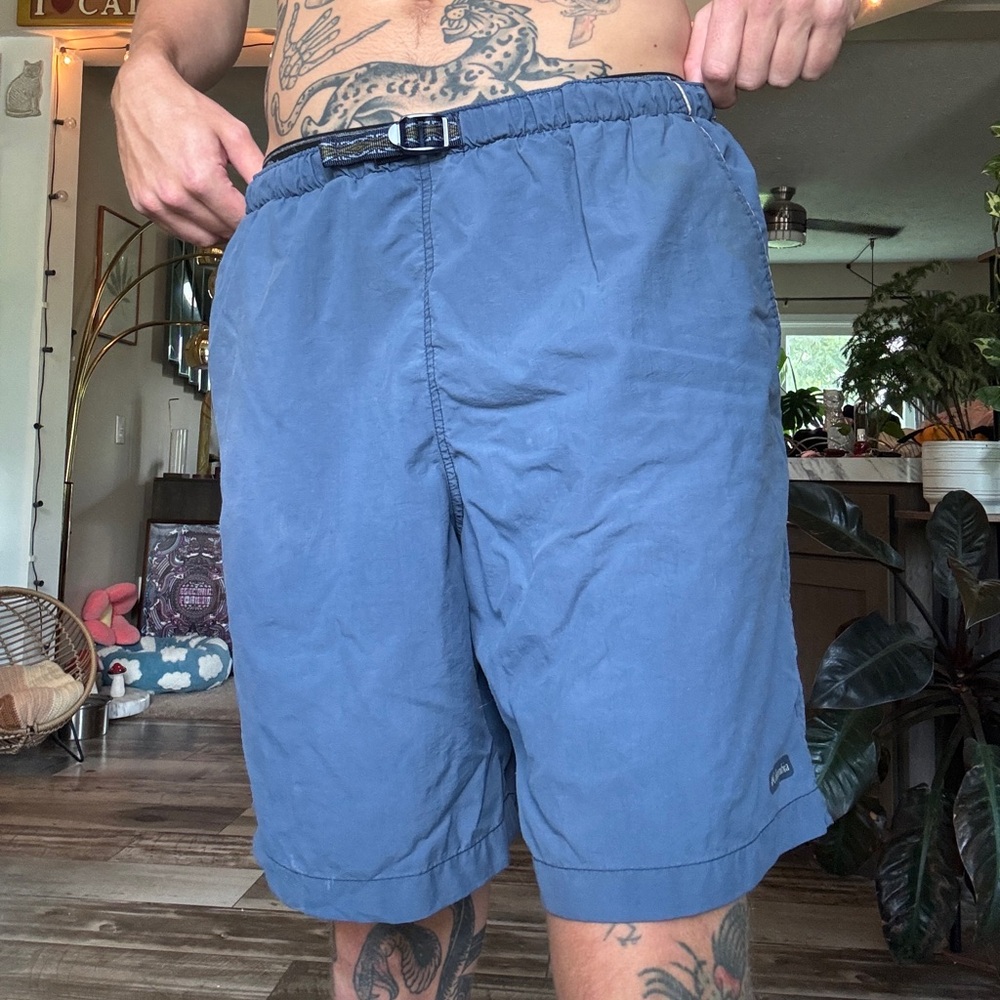 Vintage Columbia Men's Slate Blue Board Shorts with Pattern Strap